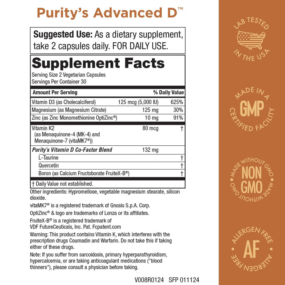 Purity Products Advanced D bottle side view illustrating balanced D3 delivery for daily use
