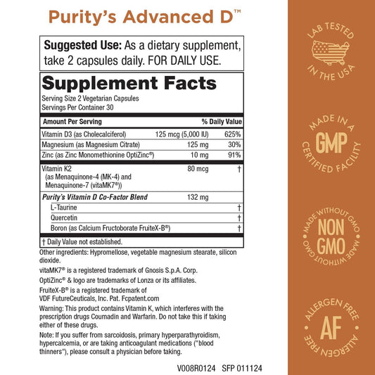 Purity Products Advanced D bottle side view illustrating balanced D3 delivery for daily use