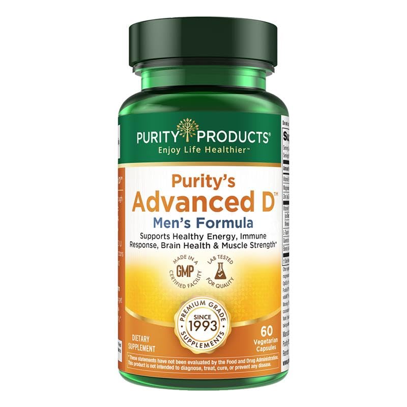Purity Products Advanced D Men's Formula bottle on white supports daily wellness.