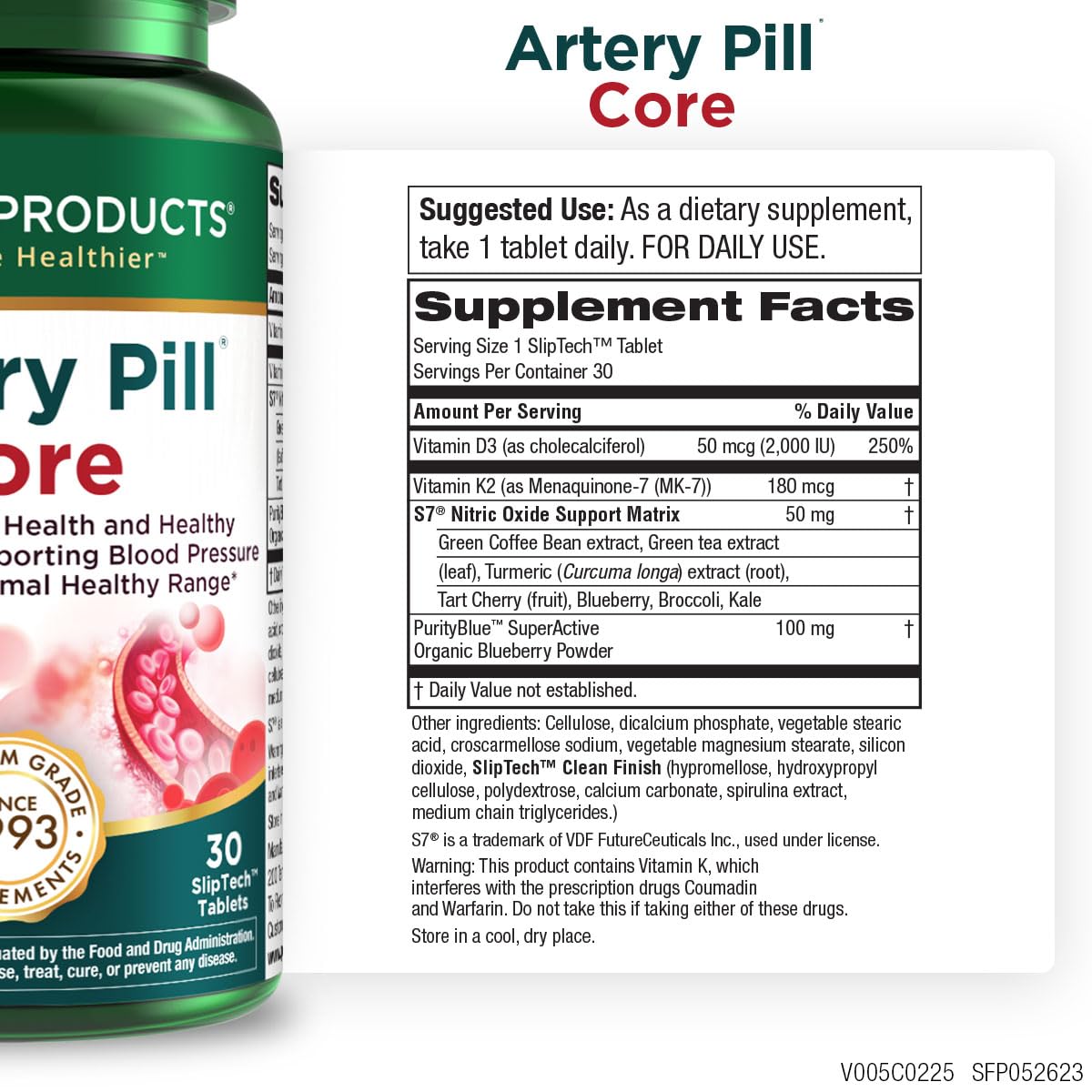 Purity Products Artery Pill Core bottle back nutrition label highlights K2, S7, D3 ingredients.