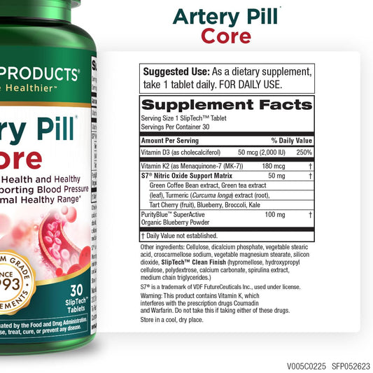 Purity Products Artery Pill Core bottle back nutrition label highlights K2, S7, D3 ingredients.