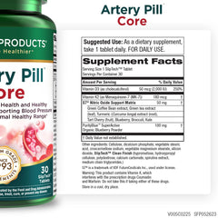 Purity Products Artery Pill Core bottle back nutrition label highlights K2, S7, D3 ingredients.