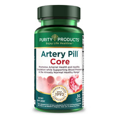 Purity Products Artery Pill Core bottle front shows a compact daily supplement for arterial support.