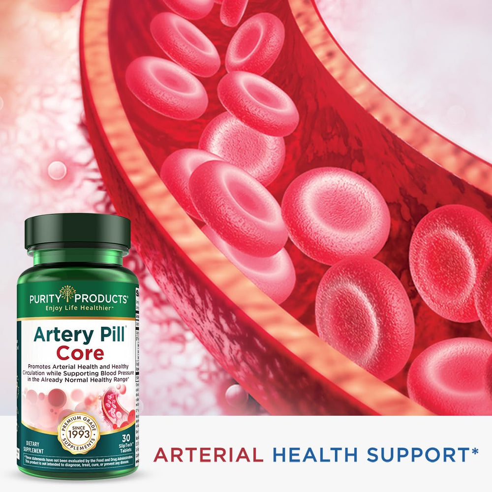 Purity Products Artery Pill Core label detail demonstrates transparent manufacturing information.