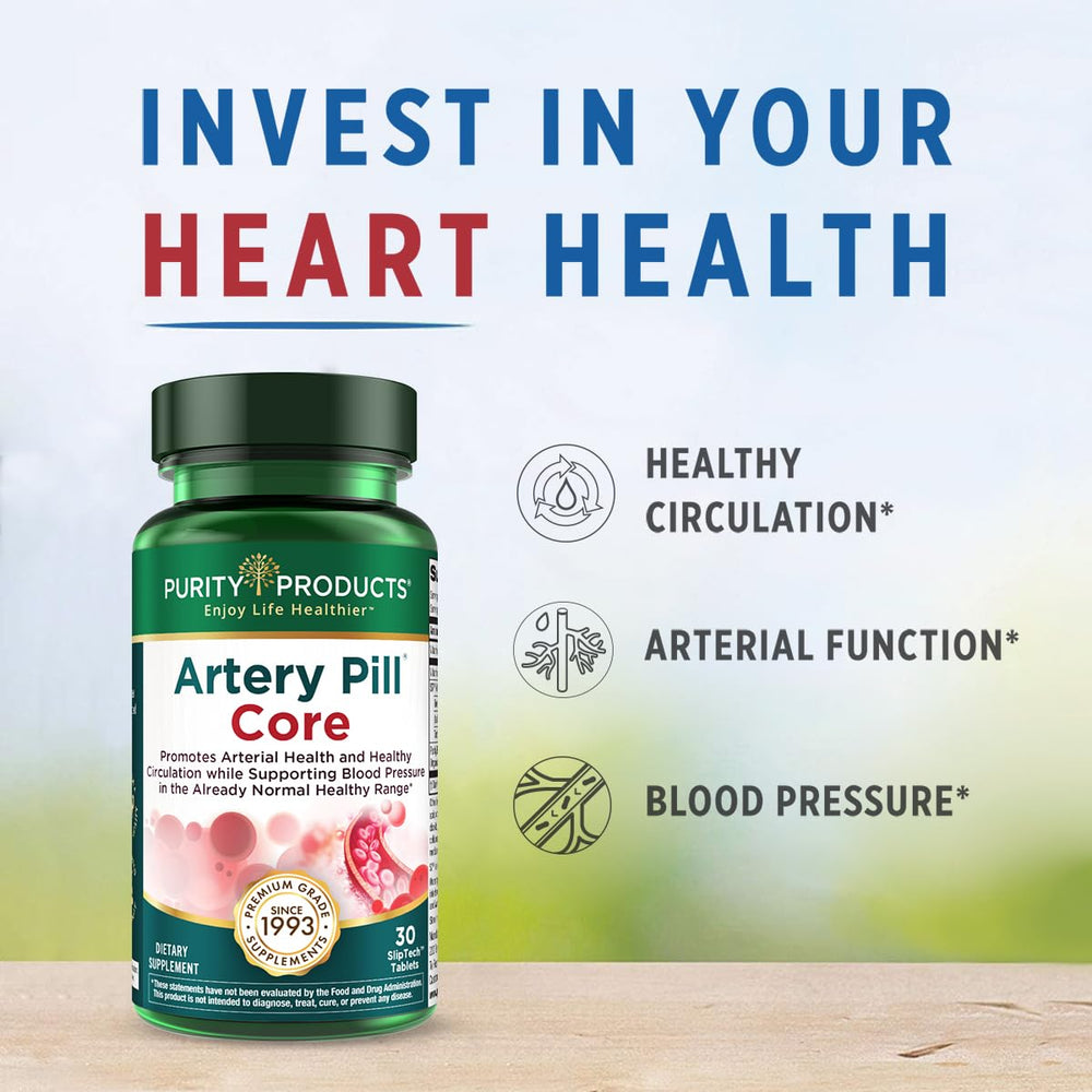 Purity Products Artery Pill Core organic blueberries image hints at antioxidant support for the heart.