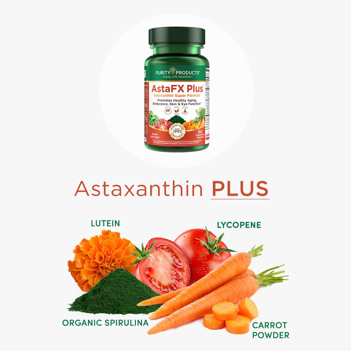 Purity Products AstaFX Plus visual health infographic comparing antioxidants.