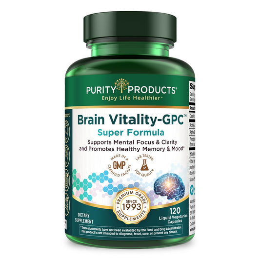 Purity Products Brain Vitality GPC bottle front shows daily cognitive wellness.