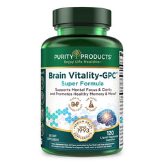 Purity Products Brain Vitality GPC bottle front shows daily cognitive wellness.