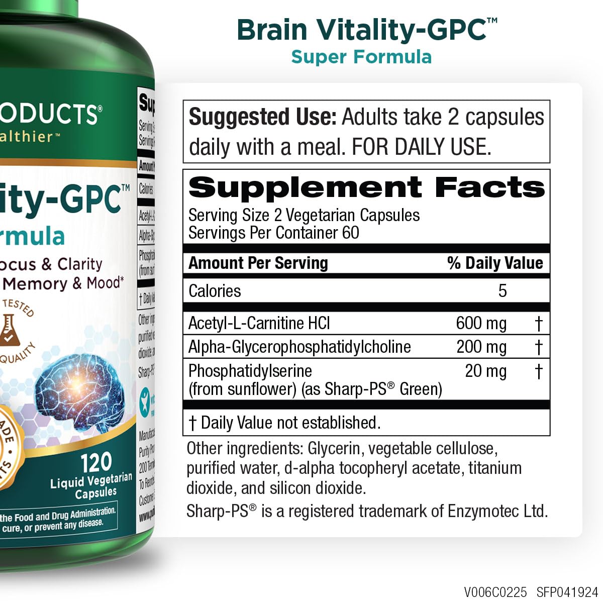 Purity Products Brain Vitality GPC capsules closeup highlights convenient daily capsules.