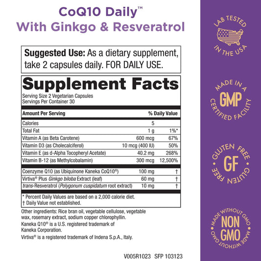 Purity Products capsules beside the label showing Kaneka Q10 for bioavailable energy