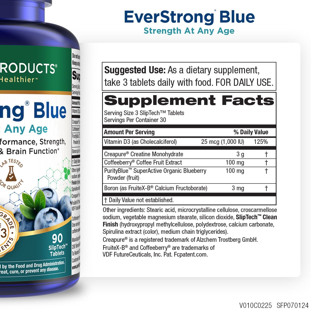 Purity Products EverStrong Blue label close-up emphasizing creatine and organic ingredients