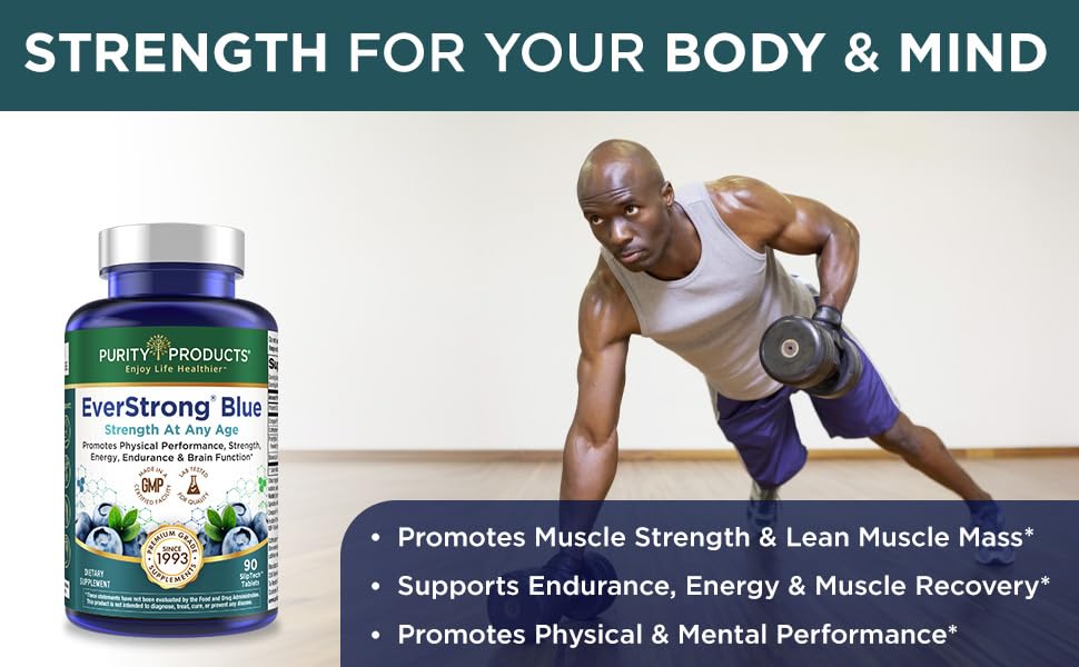 Purity Products EverStrong Blue bottle shows Vitamin D3 1000 IU tablets