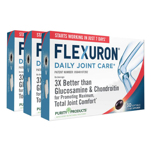 Purity Products Flexuron bottle showing joint support formulation for daily use.