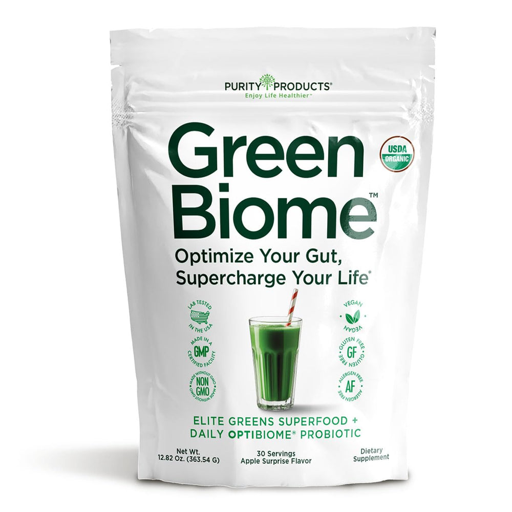 Purity Products Green Biome bottle front view with organic greens blend for daily nutrition.