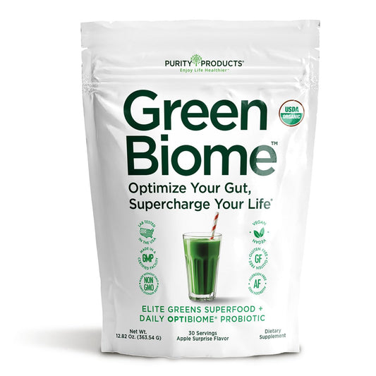 Purity Products Green Biome bottle front view with organic greens blend for daily nutrition.