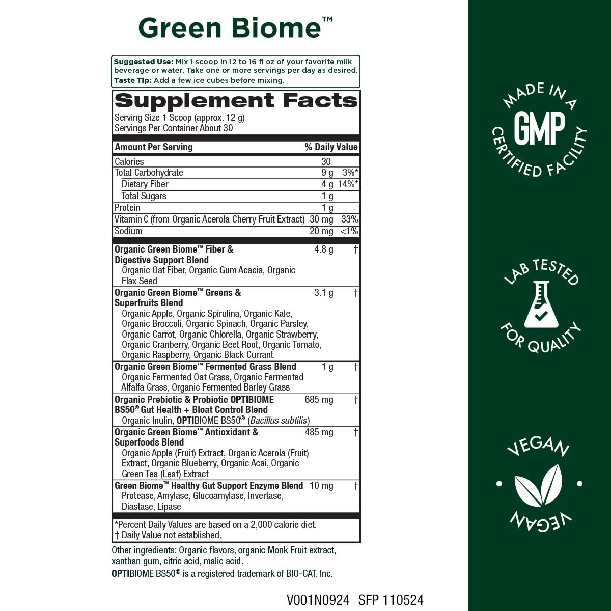 Purity Products Green Biome bottle label showing apple flavor and probiotic blend for gut-friendly routine.
