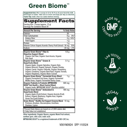 Purity Products Green Biome bottle label showing apple flavor and probiotic blend for gut-friendly routine.