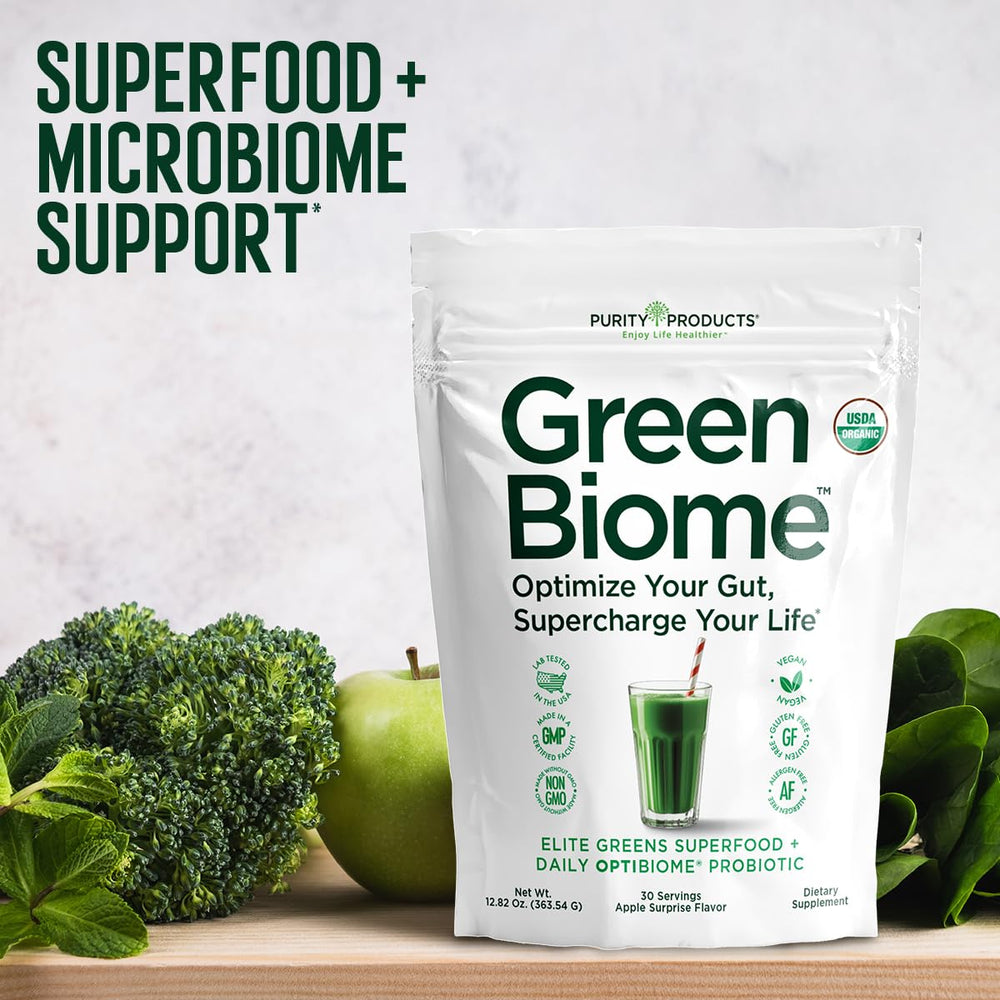 Purity Products Green Biome powder being stirred in water for quick refreshment.