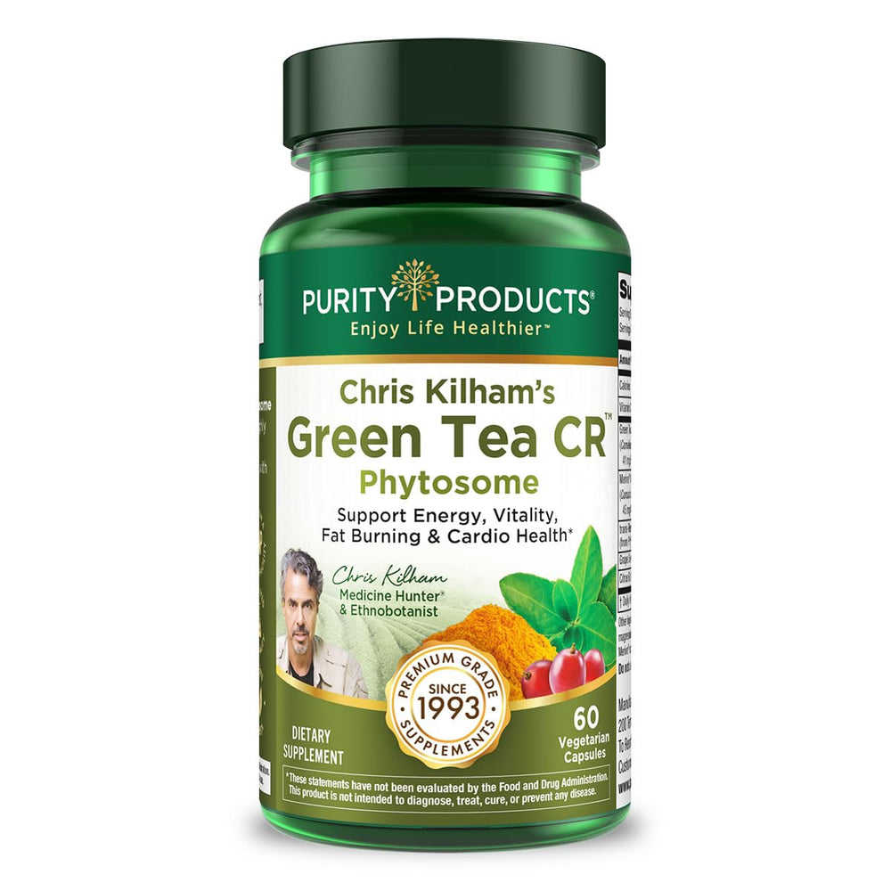 Purity Products Green Tea CR bottle closeup highlights boosted absorption potential.