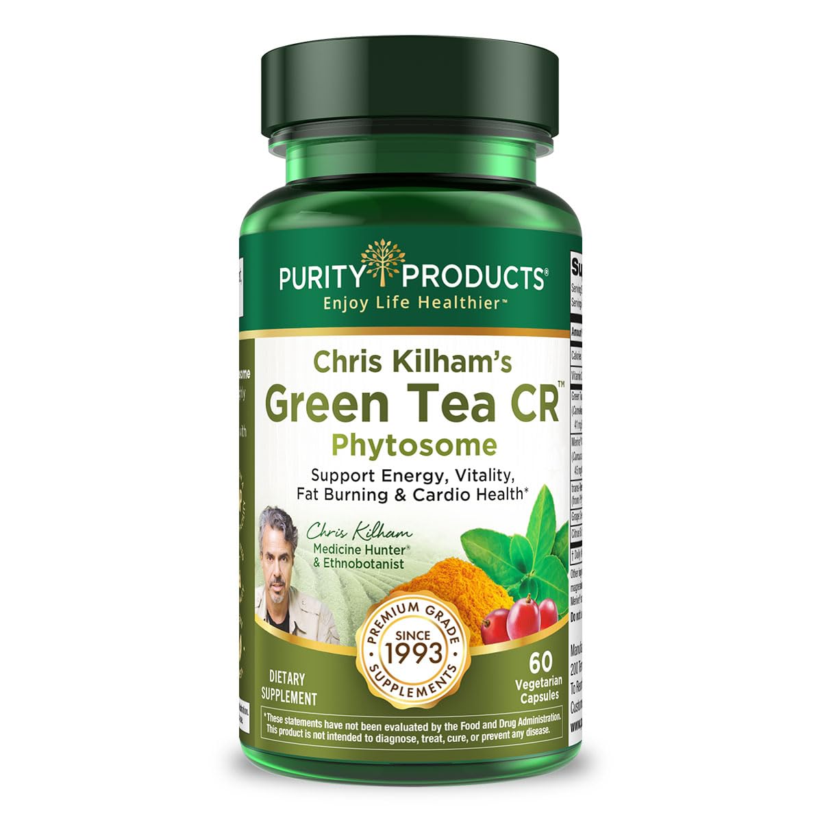 Purity Products Green Tea CR bottle closeup highlights boosted absorption potential.