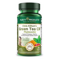Purity Products Green Tea CR bottle closeup highlights boosted absorption potential.