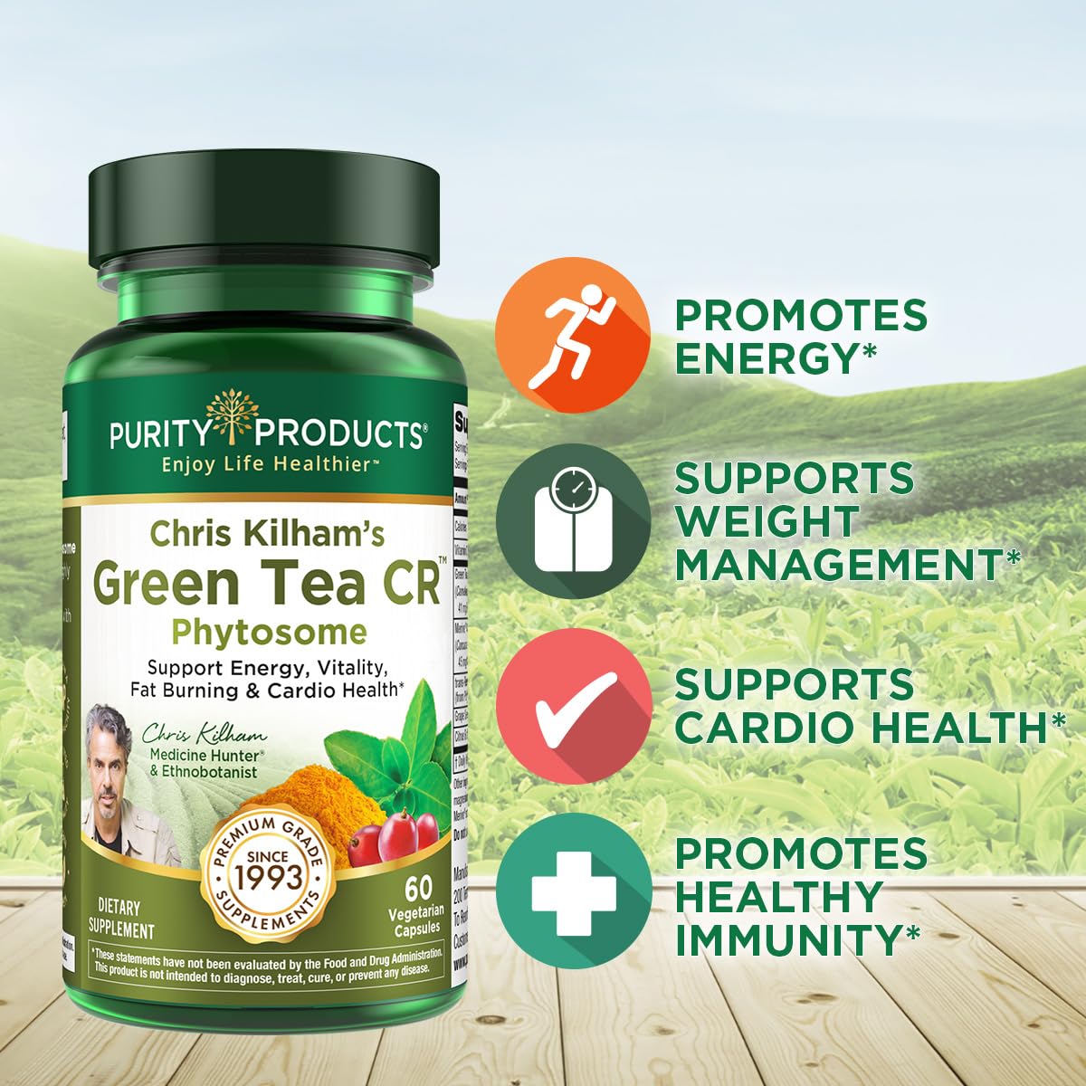 Purity Products Green Tea CR label detail showcasing Phytosome technology.