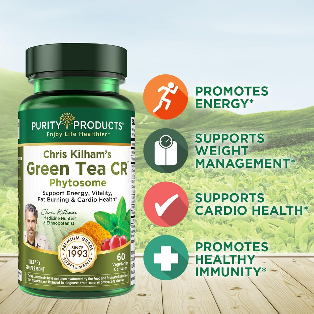 Purity Products Green Tea CR label detail showcasing Phytosome technology.