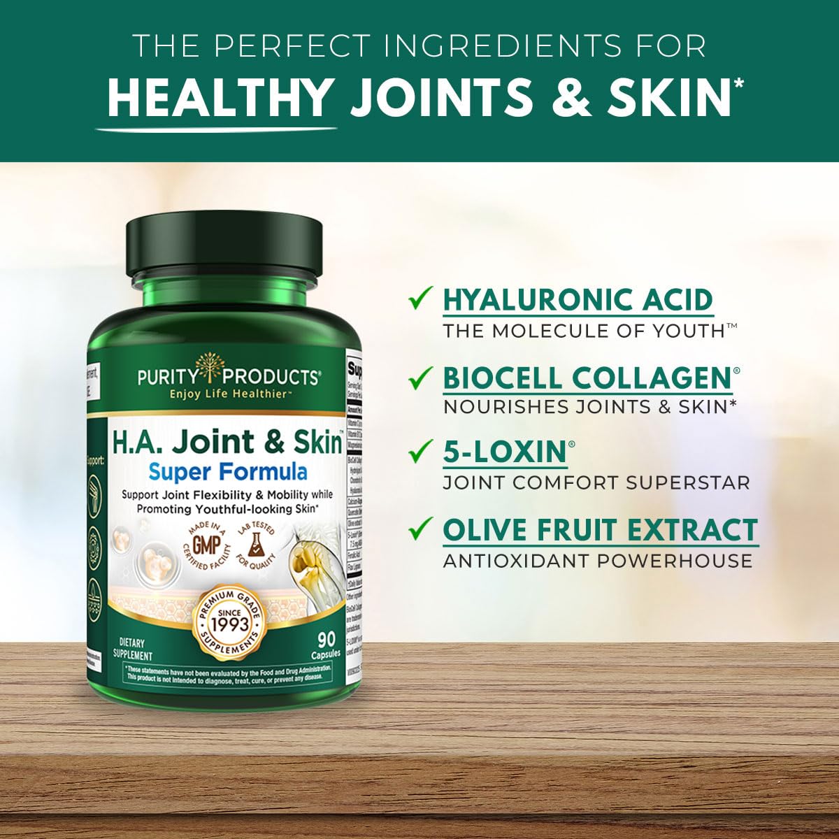 Purity Products H.A. Joint and Skin Super Formula label detail highlights Biocell collagen ingredients.