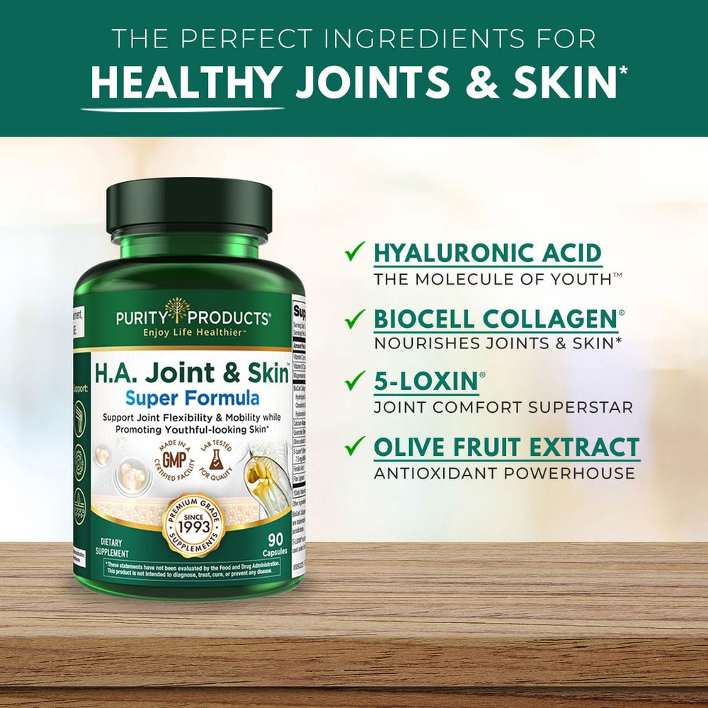 Purity Products H.A. Joint and Skin Super Formula label detail highlights Biocell collagen ingredients.