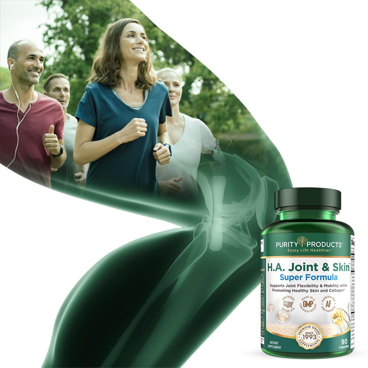Purity Products H.A. Joint and Skin Super Formula lifestyle-use scene suggests daily wellness routine.
