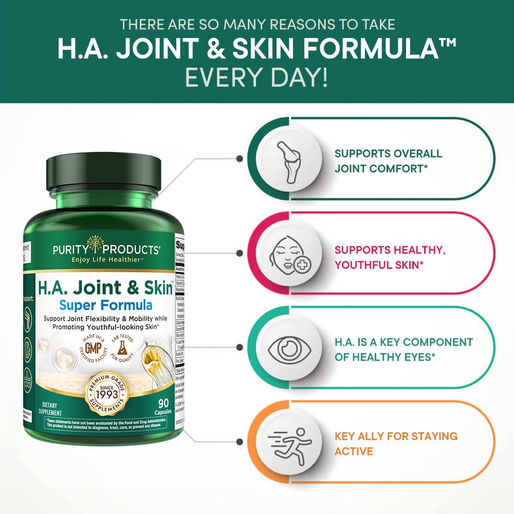 Purity Products H.A. Joint and Skin Super Formula packaging shot conveys premium quality.