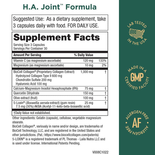 Purity Products HA Joint ingredients panel shows collagen and co-factors