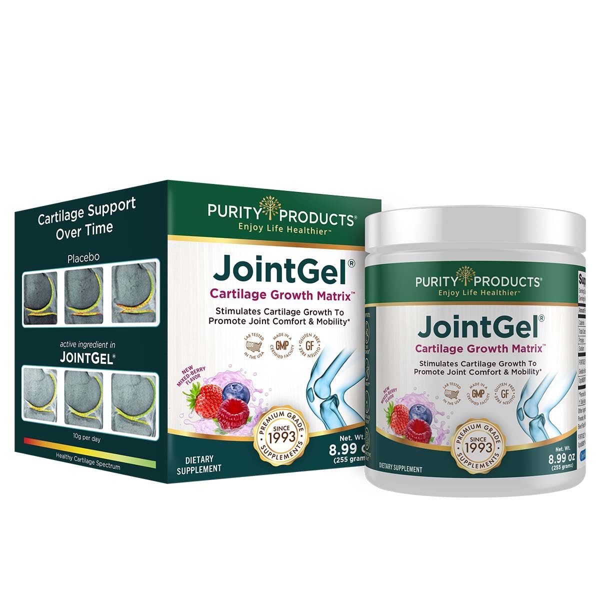 Purity Products JointGel berry powder canister showing berry flavor for daily support