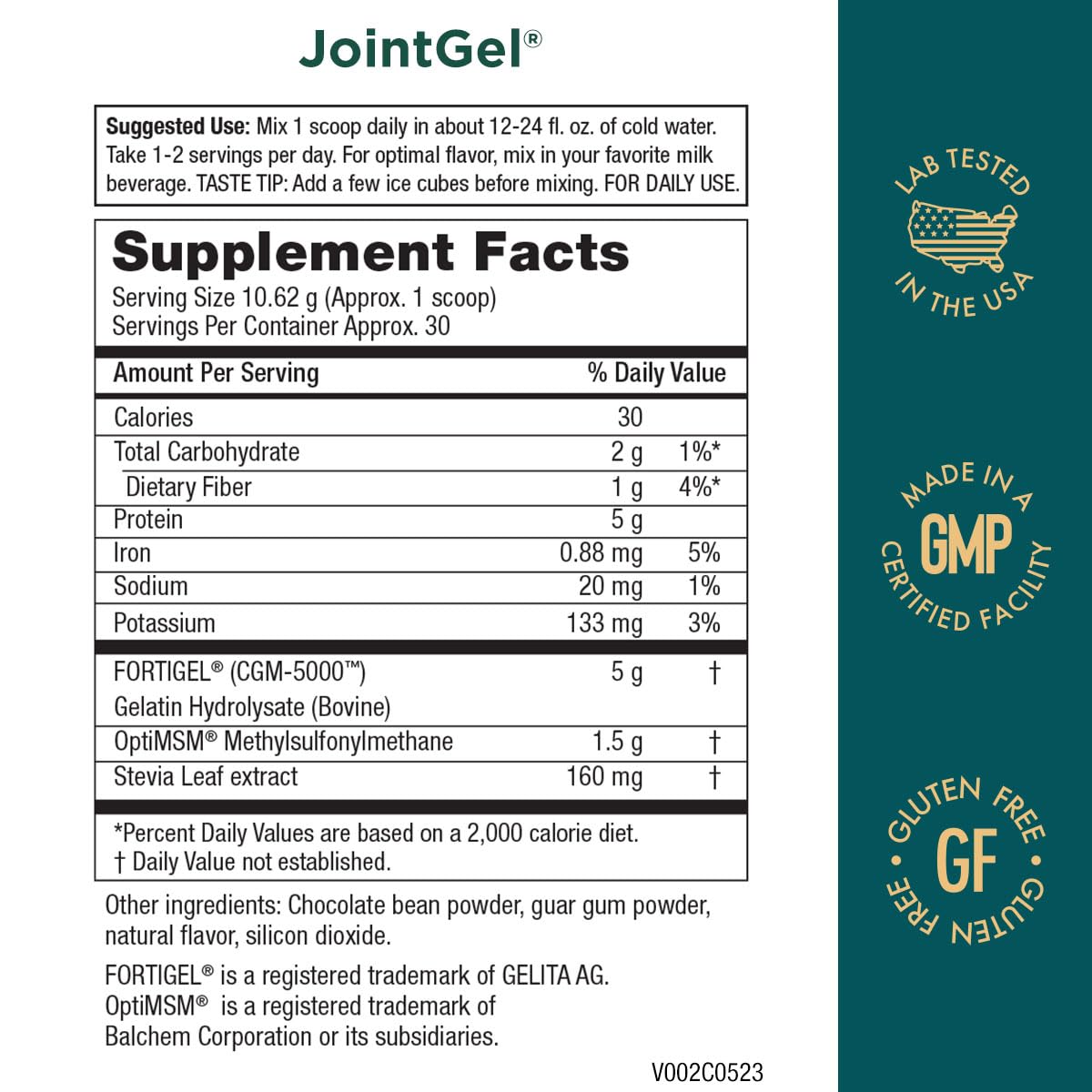 Purity Products JointGel label closeup highlighting CGM-5000 collagen