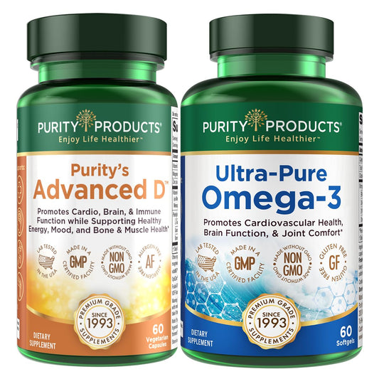 Purity Products kit with Advanced D and Omega-3 bottles supporting cardiovascular and cognitive wellness.