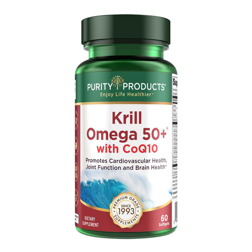 Purity Products Krill Omega 50 Plus bottle pack supports heart and joint health.