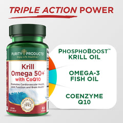 Purity Products Krill Omega 50 Plus label highlights CoQ10 for energy support.
