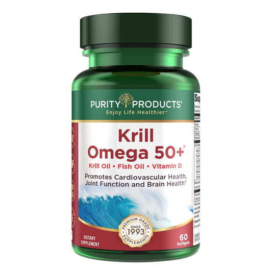 Purity Products Krill Omega 50 bottle with softgels for daily omega-3 intake.