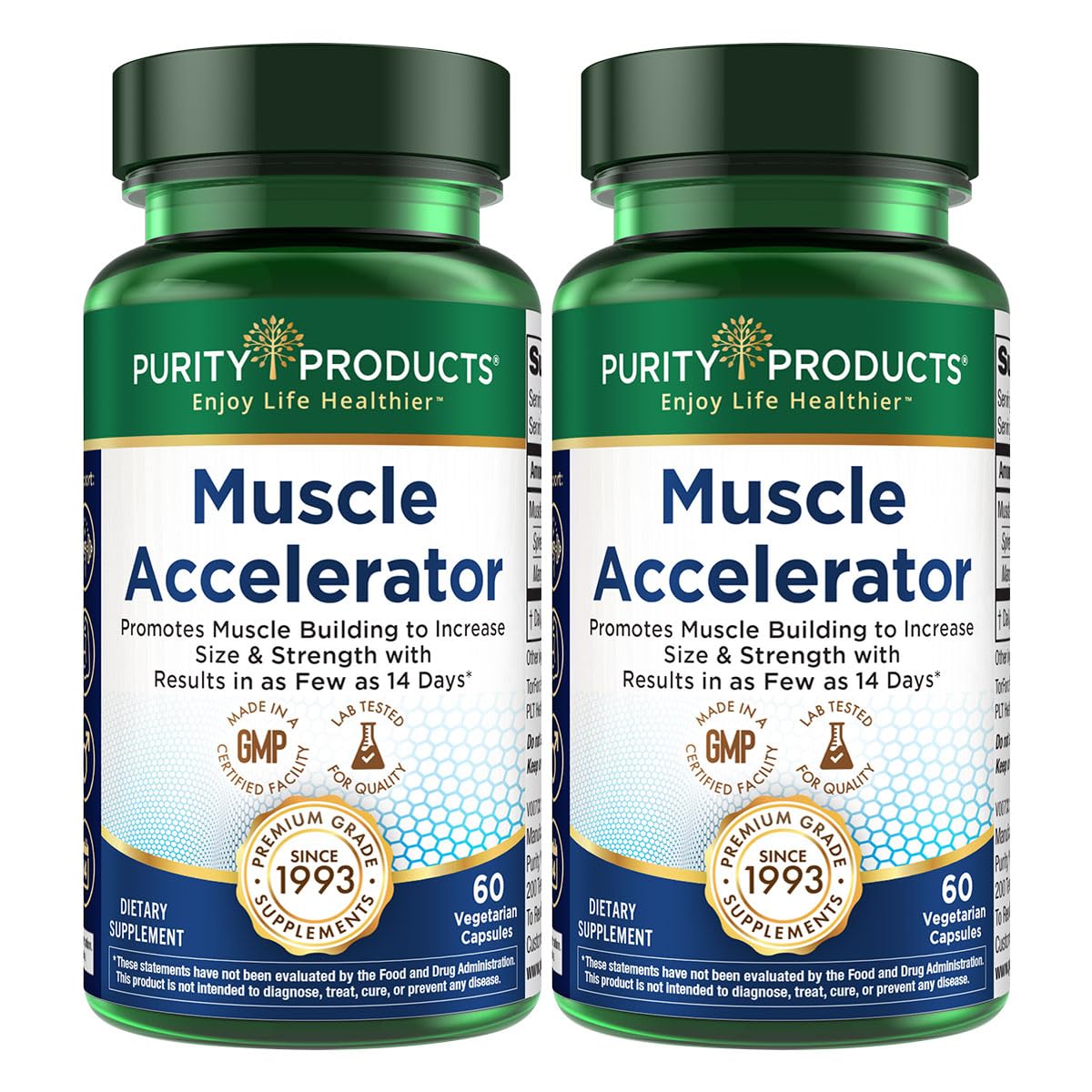 Purity Products Muscle Accelerator bottle closeup demonstrating the 650 mg patent blend for stronger workouts.