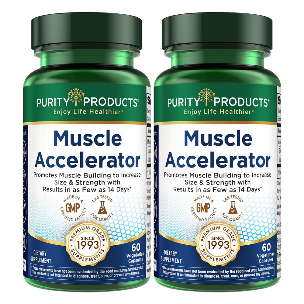 Purity Products Muscle Accelerator bottle closeup demonstrating the 650 mg patent blend for stronger workouts.
