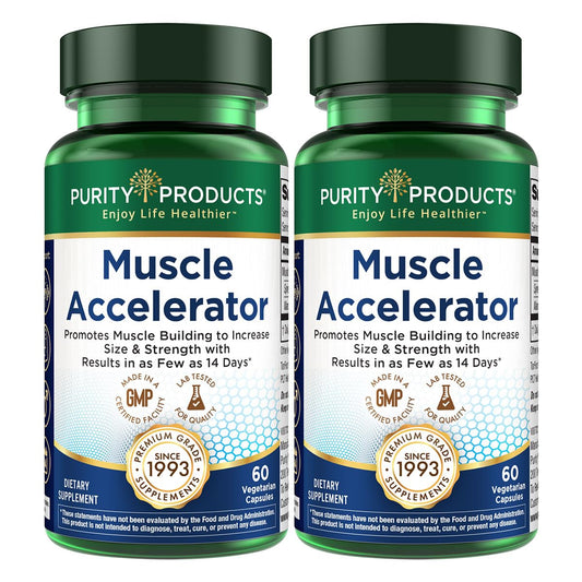Purity Products Muscle Accelerator bottle closeup demonstrating the 650 mg patent blend for stronger workouts.