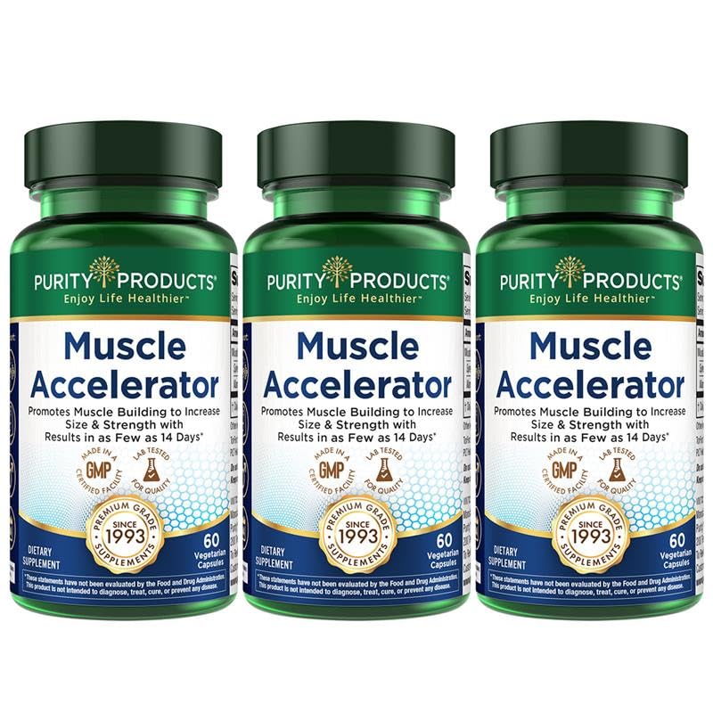 Purity Products Muscle Accelerator bottle front, emphasizing on-the-go strength support.
