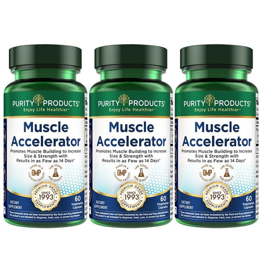 Purity Products Muscle Accelerator bottle front, emphasizing on-the-go strength support.
