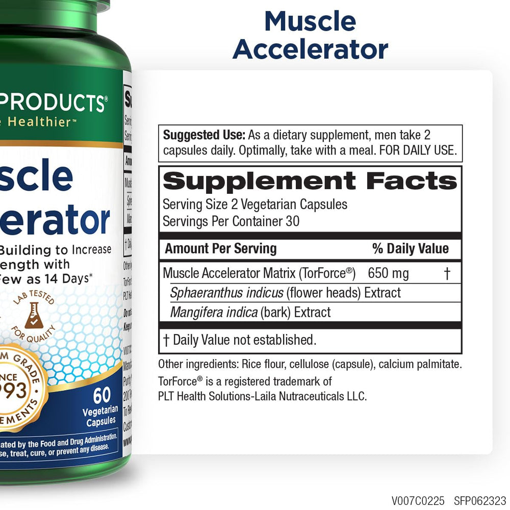 Purity Products Muscle Accelerator label close-up, noting the endurance-support blend.