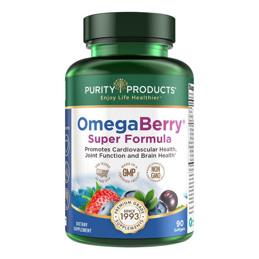 Purity Products OmegaBerry bottle front showing berry omega-3 formula for heart health.