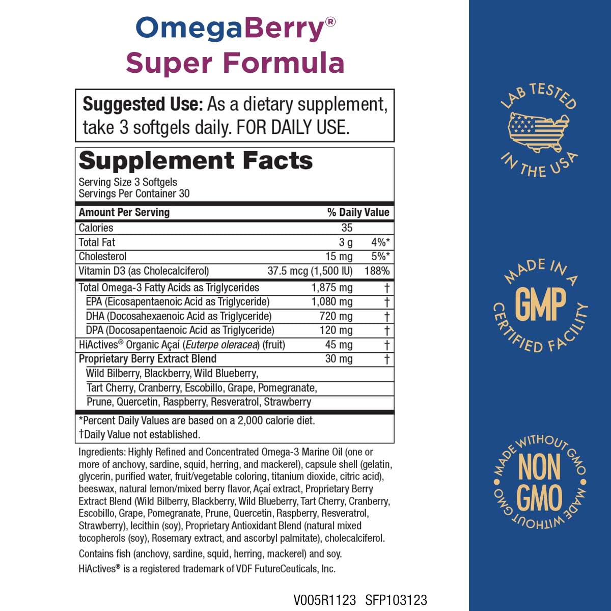 Purity Products OmegaBerry label closeup emphasizing ultra-pure EPA and DHA.