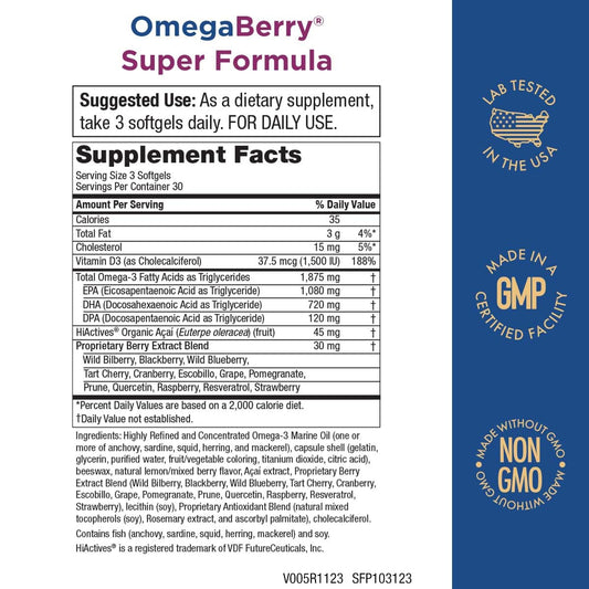 Purity Products OmegaBerry label closeup emphasizing ultra-pure EPA and DHA.