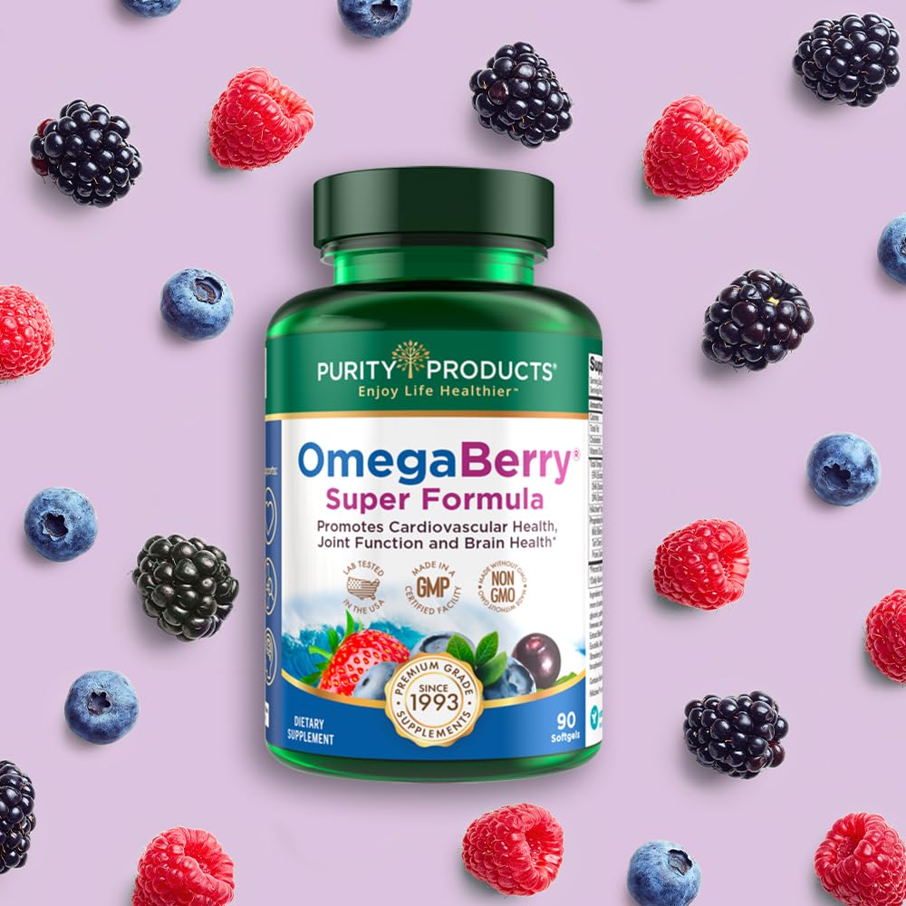 Purity Products OmegaBerry vitamin D3 bottle highlighting added vitamin D3.