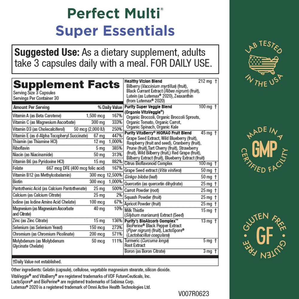Purity Products Perfect Multi capsules pour showing serving-ready capsules.