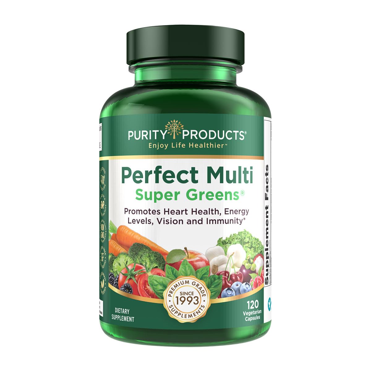 Purity Products Perfect Multi Super Greens bottle on countertop supports daily nutrient intake.